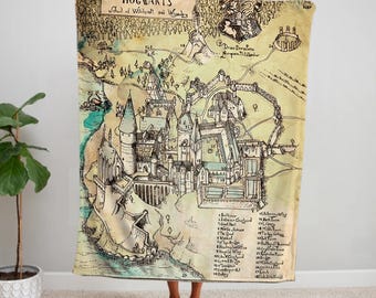 Coperta con mappa della scuola di magia, coperta con castello magico per adolescenti, coperta a tema magia per bambini, ispirata a Hogwarts
