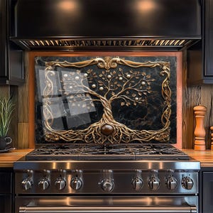 Luxury Pearl Leaves Tree of Life Art Glass Stove Back Splash - Tree of Life Glass Backsplash Panel for Stove Back- Tempered Glass Backsplash