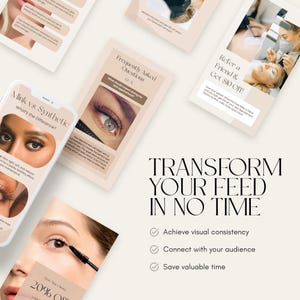 May include: A promotional image for a lash clinic, featuring a smartphone displaying "Mink vs. Synthetic" information, and cards with text like "Frequently Asked Questions" and "Refer a Friend & Get $10 Off!" The image promotes visual consistency, audience connection, and time-saving.