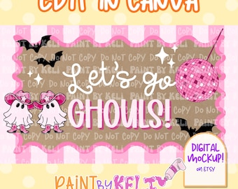 May include: A digital graphic design featuring the text Let's go GHOULS! in white script and block letters. The image includes two white ghosts wearing pink cowboy hats and boots, black bats, white sparkles, and a pink disco ball.