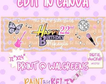 May include: A digital birthday banner design with a pink and purple color scheme. The banner includes the text "Happy 22nd Birthday Mikayla", a butterfly, a guitar, musical notes, a disco ball, and a microphone. The banner measures 72" x 24".