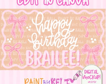 Plantilla de pancarta de cumpleaños con lazo rosa / Fondo para fiesta coqueta (Descarga digital)