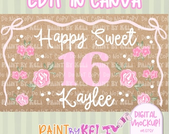 Sweet 16 Birthday Banner Template | Pink Floral Sweet Sixteen Sign | Pink Floral Coquette Decor | Pink Floral Birthday (Digital Download)