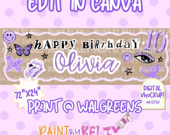 May include: A digital banner design featuring the text EDIT IN CANVA, HAPPY BIRTHDAY, and Olivia in purple and black. The background is brown with purple graphics including a smiley face, butterfly, stars, and lips. It includes 72"x24" text.