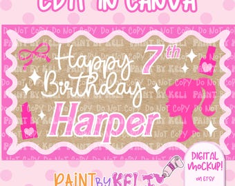 May include: A rectangular digital birthday sign with a pink scalloped border on a tan background. The text reads "Happy 7th Birthday Harper" in white script. Graphics include a pink bow, nail polish, lipstick, and a silhouette of a girl's head.