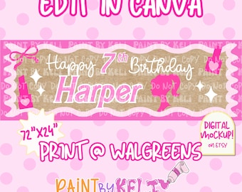 May include: A rectangular birthday banner design featuring a pink scalloped border on a light pink polka dot background. The center text reads Happy 7th Birthday Harper with a silhouette of a head, a lipstick icon, and stars. Text includes 72"x24".