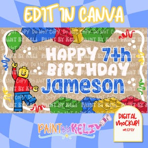 May include: A digital birthday design featuring a Lego-style figure holding a green balloon. The design includes the text "Happy 7th Birthday Jameson" with colorful Lego bricks and the words "Edit in Canva".