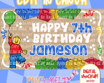 May include: A digital birthday design featuring a Lego-style figure holding a green balloon. The design includes the text "Happy 7th Birthday Jameson" with colorful Lego bricks and the words "Edit in Canva".