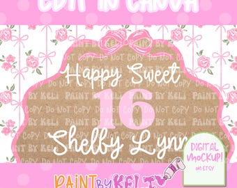 Sweet 16 Birthday Banner Template | Pink Floral Coquette Party Decor | Pink Floral Birthday Banner | Sweet Sixteen Party (Digital Download)