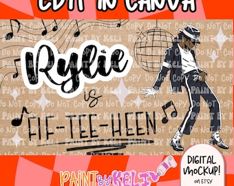 May include: A digital graphic design featuring the text "Rylie is FIF-TEE-HEEN" in black script and block lettering. The design includes a disco ball, musical notes, and a stylized illustration of a person in a suit and hat dancing.