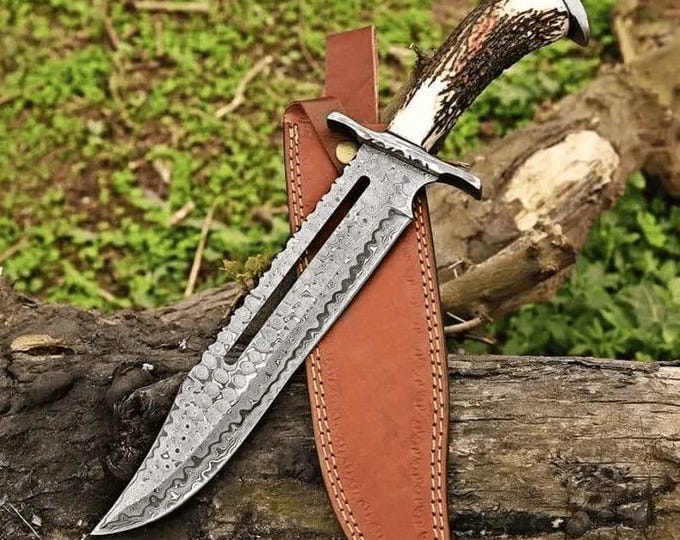 Handmade Damascus Steel 18" Bowie Knife, Deer Antler Handle with Leather Sheath