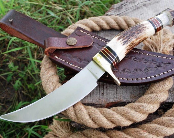 Handmade D2 Steel Bowie Knife: Deer Antler Handle, Leather Sheath BF101