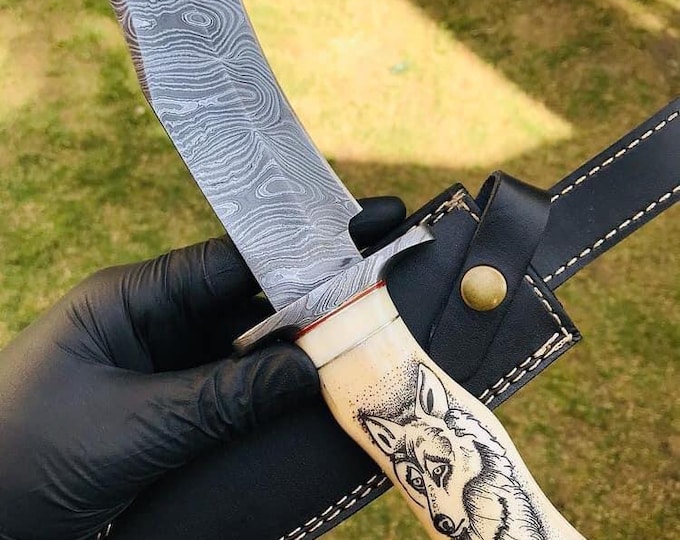 Handmade Damascus Steel Bowie Knife: Stained Bone Handle, Leather Sheath