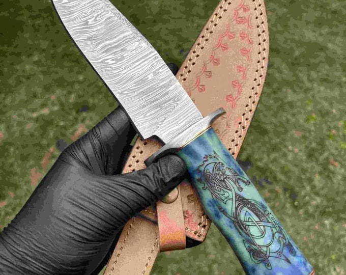 Decorative Custom Handmade Damascus Steel Bowie Knife,  Stained Bone Scrimshaw Handle, Premium Leather Sheath, Best Gift
