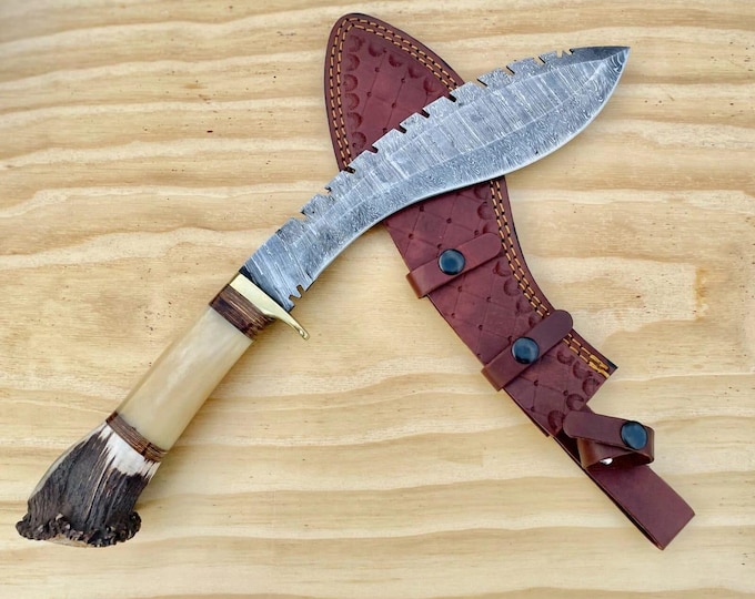Custom Handmade Damascus Steel, Stag Horn Handle Hunting Bowie Kukri Knife
