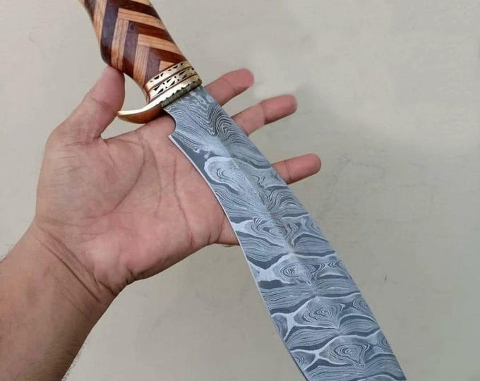 Handmade Damascus Steel Bowie Knife: Olive & Rose Wood Handle, Leather Sheath BF106