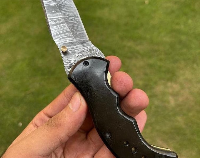 Handmade Damascus Steel Folding Knife: Black Micarta Handle, Leather Sheath