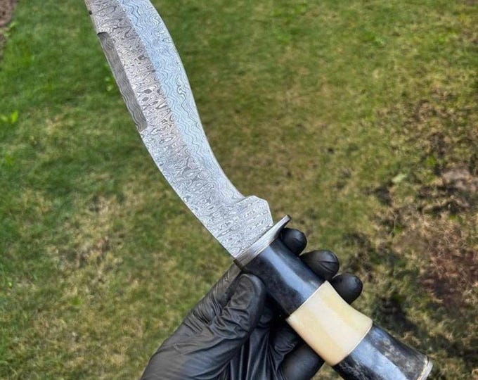 Handmade Damascus Steel Camping Knife: Stained Bone Handle, Leather Sheath
