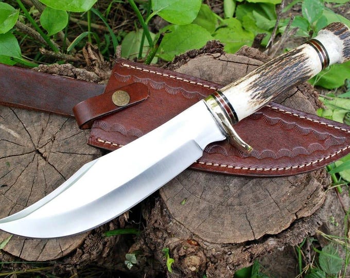 Handmade D2 Steel Bowie Knife: Deer Antler Handle, Leather Sheath BF104