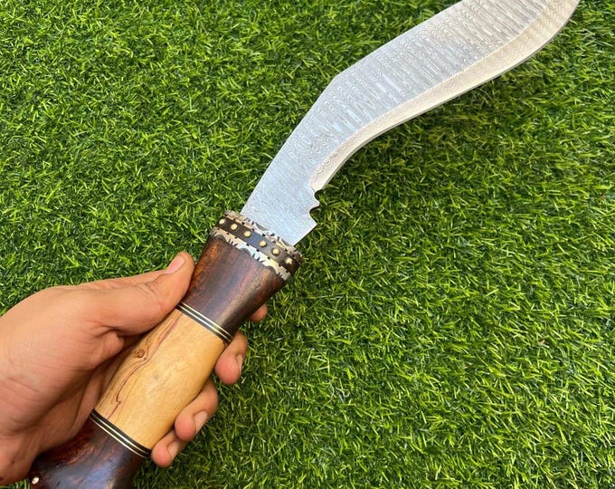 18'' Handmade Damascus Steel Hunting Camping Kukri Bowie Knife with Leather Sheath, Gift
