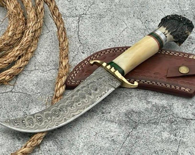 Handcrafted Damascus Steel Bowie Knife: Stag Horn & Camel Bone Handle, Leather Sheath