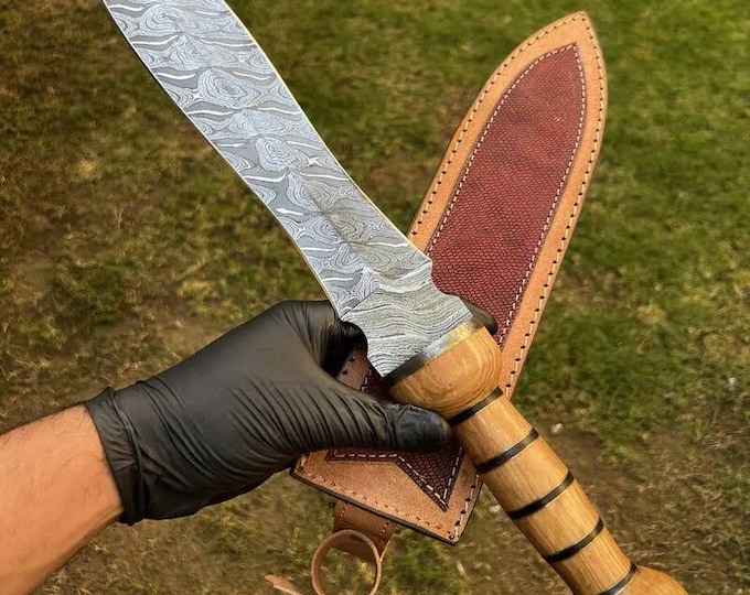 Hand Forged Damascus Steel Dagger Knife– Handmade Knife with Wooden Handle for Gift or Display