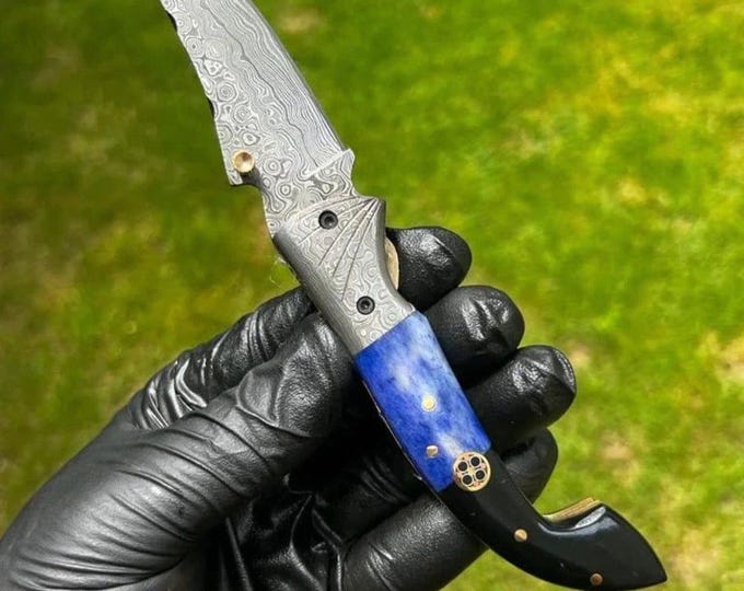 Handmade Damascus Steel Folding Knife: Camel Bone & Buffalo Horn Handle