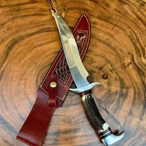 Handmade N690 Steel Bowie Knife: Deer Antler Handle, Leather Sheath