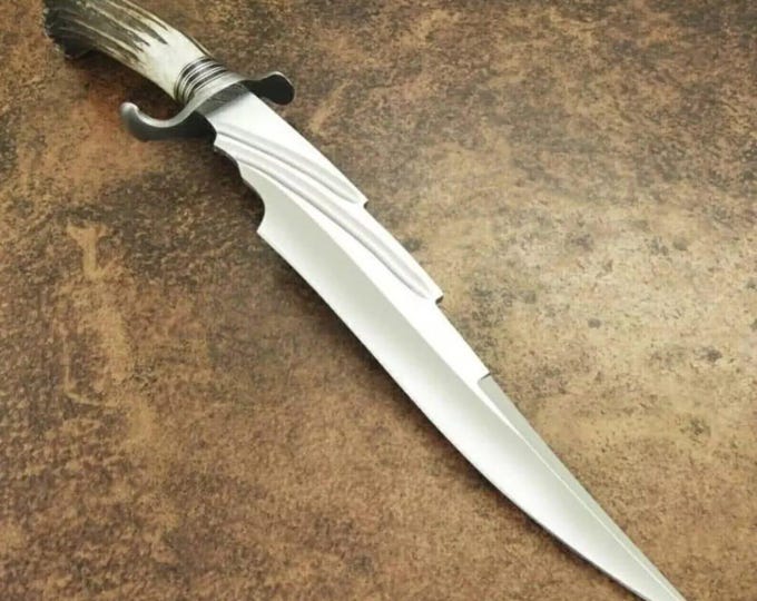 Handmade D2 Steel Bowie Knife: Stag Horn Handle, Leather Sheath