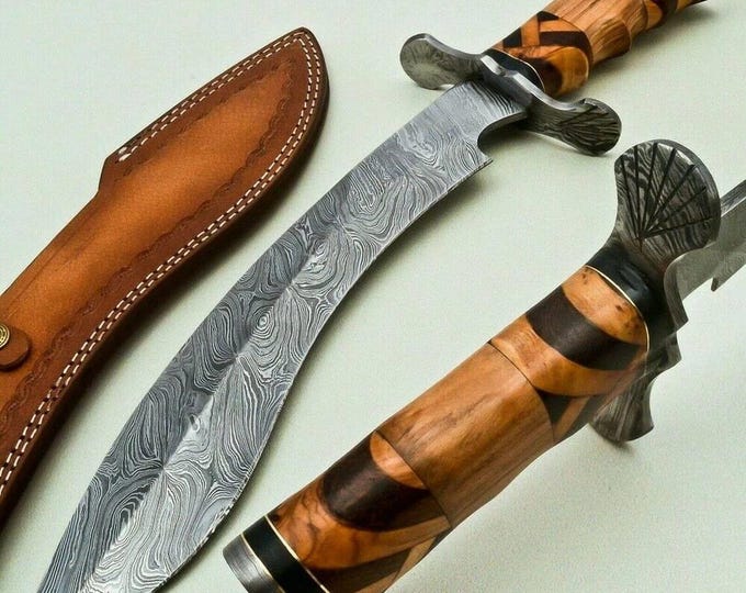 17" Custom Handmade Damascus Steel Hunting Kukri Knife with Leather Sheath