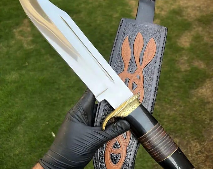 Custom Handmade D2 Steel Bowie Knife – Blood Grooved, Buffalo Horn & Leather Handle – Handmade Hunting Knife, Perfect Gift for all Occasions