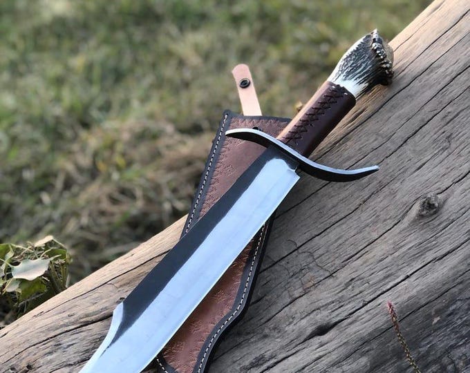 Handmade Carbon Steel Bowie Knife: Deer Antler Handle, Leather Sheath