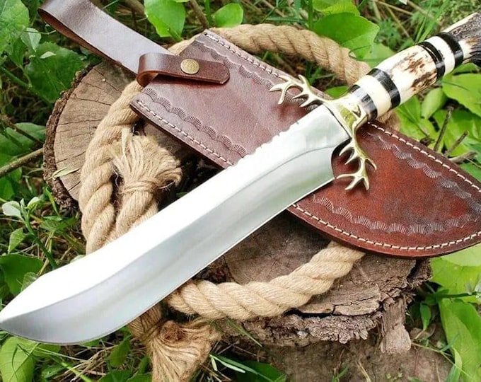 Handmade D2 Steel Bowie Knife: Stag Antler Handle, Leather Sheath