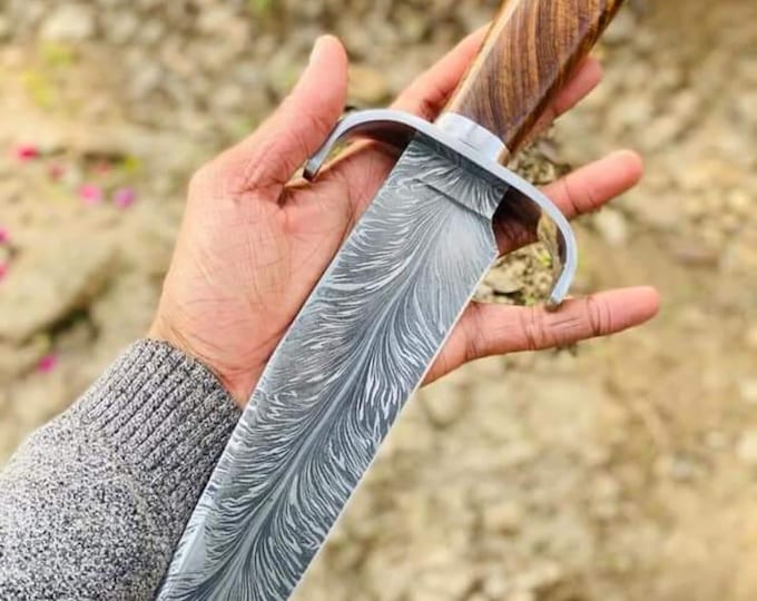 Handmade Damascus Steel Bowie Knife | Rosewood Handle, Leather Sheath