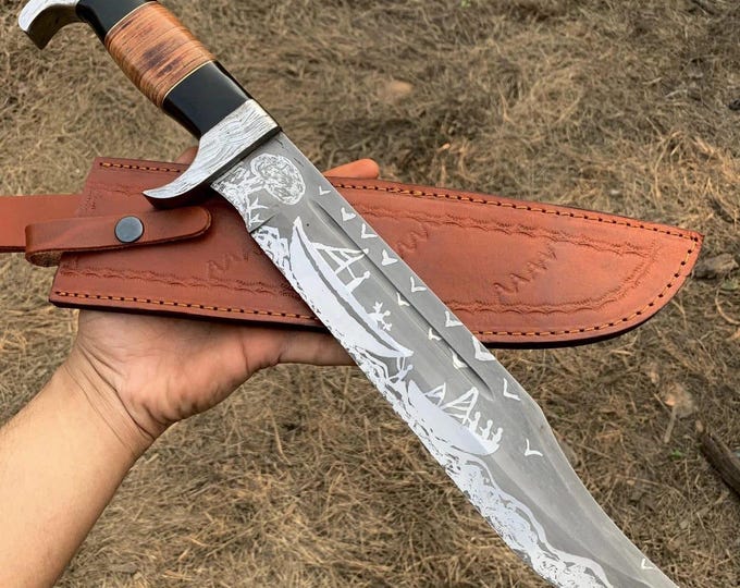 Handmade N690 Steel Bowie Knife: Resin Brass Guard Handle, Leather Sheath