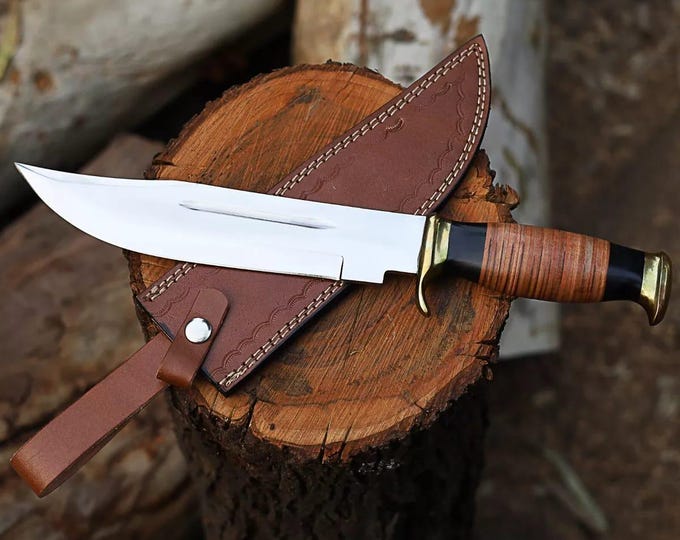 Handmade D2 Steel Bowie Knife: 15 Inch Leather Sheath, Bull Horn Handle