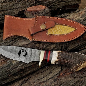 Handcrafted Damascus Steel Bowie Knife: Stag Horn Handle, Leather Sheath