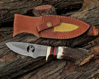 Handcrafted Damascus Steel Bowie Knife: Stag Horn Handle, Leather Sheath