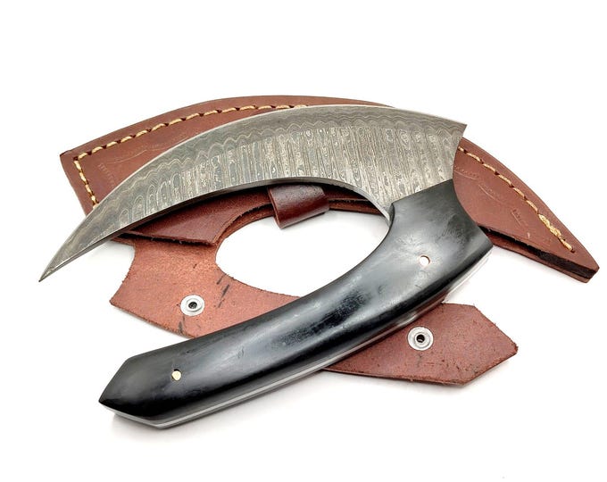Hand-Forged Damascus Steel Ulu Knife: Traditional Butcher Knife with Leather Sheath