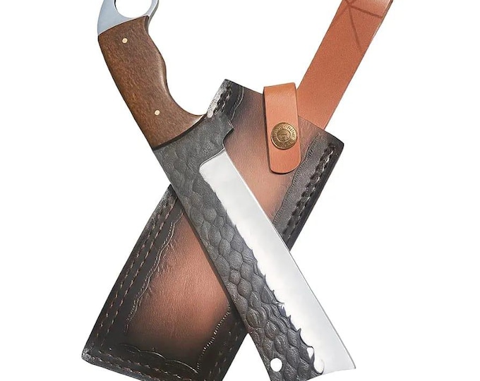 Hand Forged High Carbon Steel Cleaver Knife: Full Tang Butcher Knife with Leather Sheath