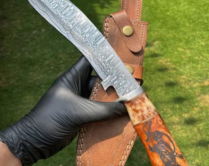 Damascus Steel Bowie Knife – Stained Bone Handle with Scrimshaw Art, Handmade Collector's Gift