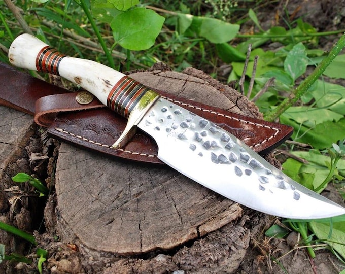 Handmade D2 Steel Bowie Knife: Deer Antler Handle, Leather Sheath BF102