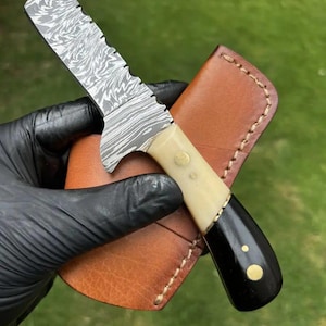 Handcrafted Damascus Steel Cowboy Bull Cutter Knife – Camel Bone & Buffalo Horn with Brass Liners Handle, Great Gift for Him, Father’s Day