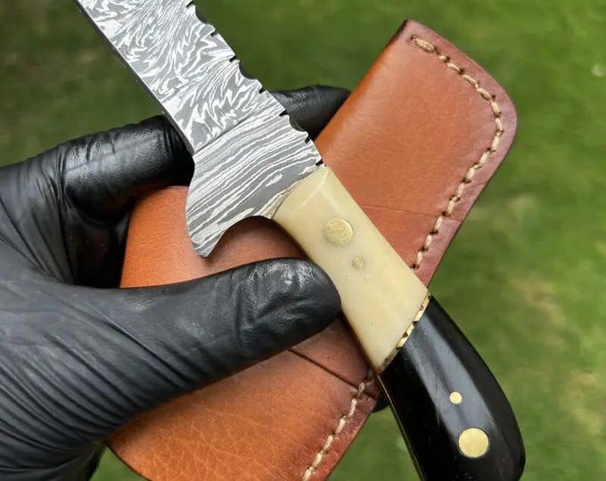 Handcrafted Damascus Steel Cowboy Knife: Camel Bone & Buffalo Horn Handle