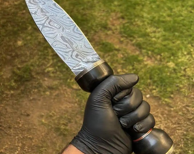 Damascus Steel Dagger Knife – Handmade Double-Edged Blade with Leather Sheath, Gift for Him