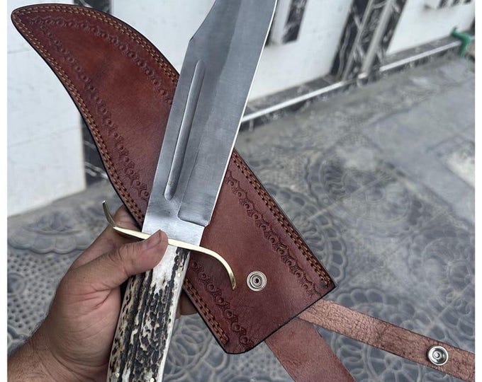 Custom Handmade N690 Steel Bowie Knife Stag Horn Handle Leather Sheath