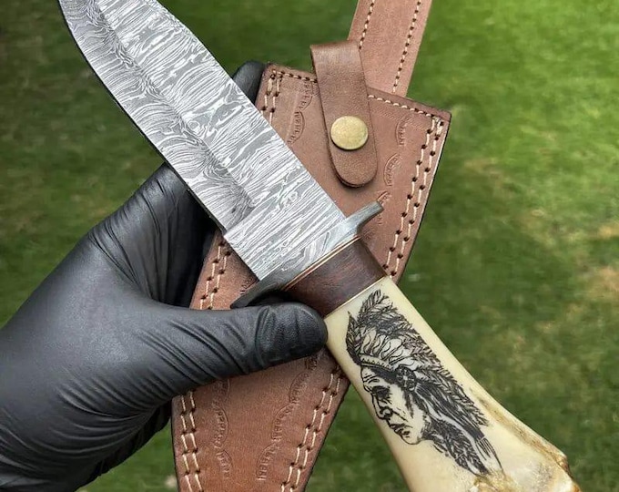 Handmade Damascus Steel Knife: Tribal Bone Handle, Leather Sheath