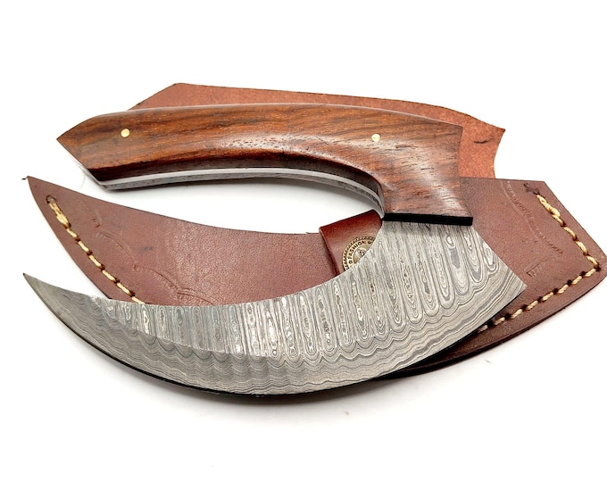 Handmade Damascus Steel Ulu Knife: Butcher, Skinning & Pizza Cutter