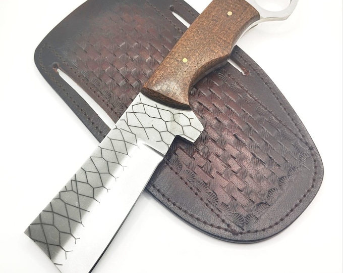Hand Forged Carbon Steel Cleaver Knife: Leather Sheath, Full Tang, Bull Cutter Knife