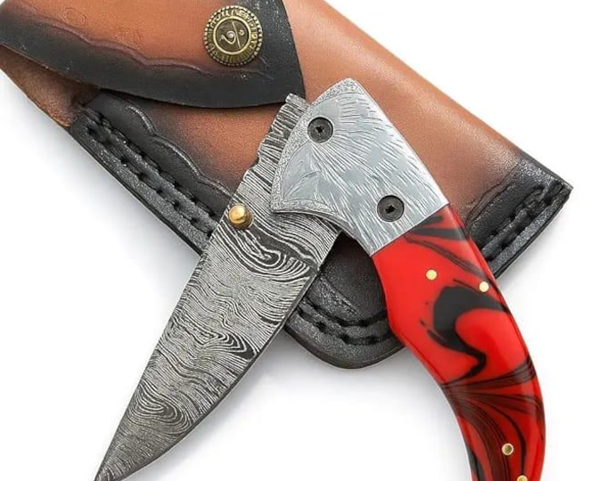 Handmade Damascus Steel Folding Knife: Resin Handle, Leather Sheath